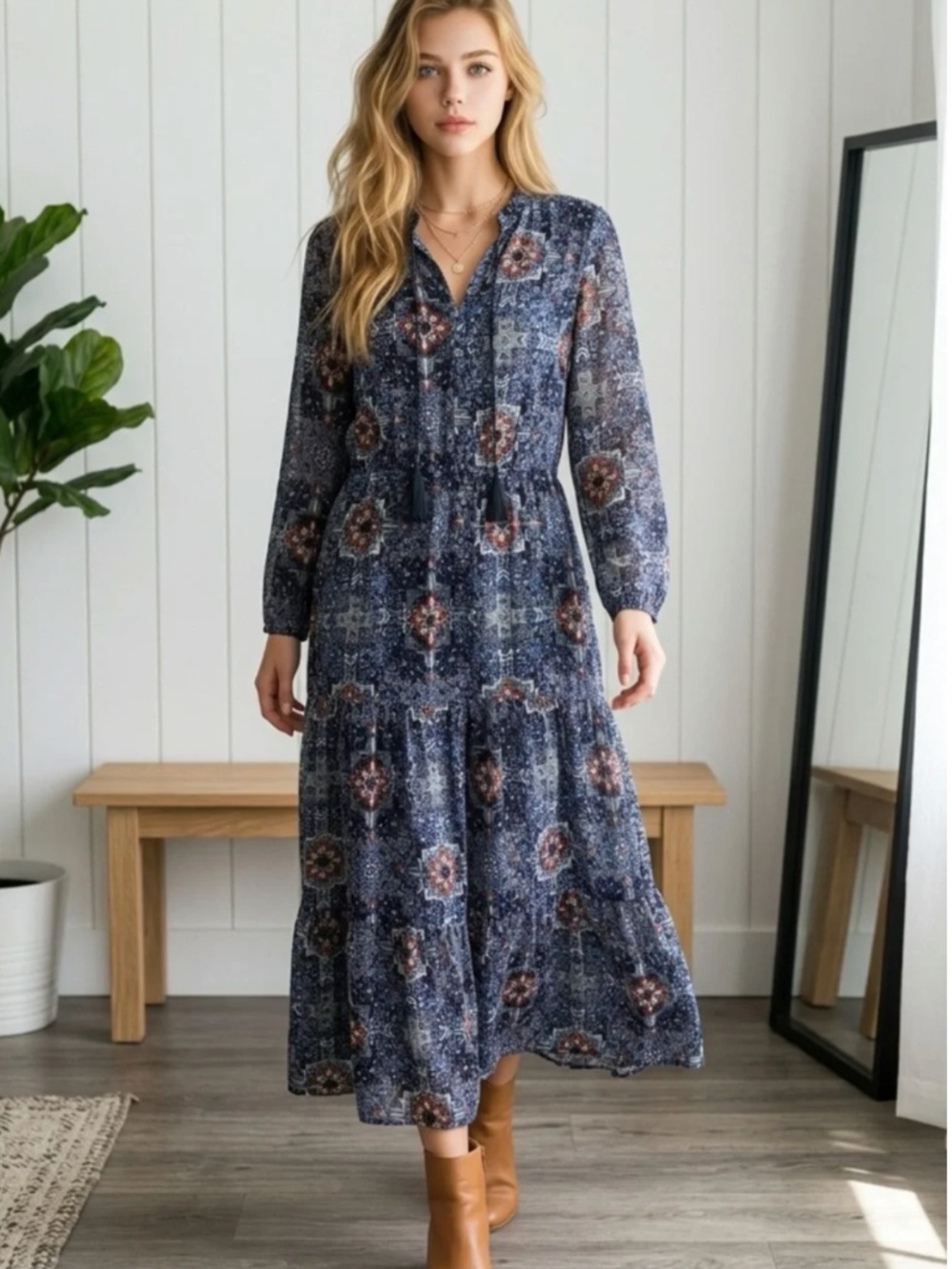 Xhilaration Navy & Rust Floral Tie-Neck Long Sleeve Maxi Dress S